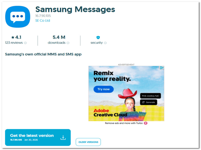Aplicativo de mensagens de texto Samsung Messages