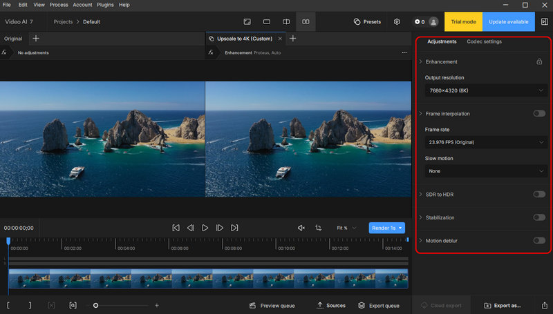 Opções de aprimoramento de vídeo com IA da Topaz
