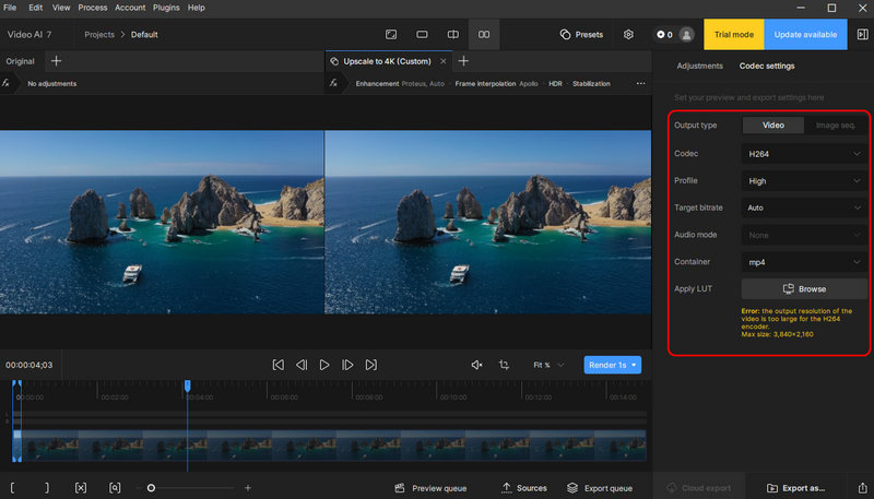 Exportação de IA de vídeo Topaz