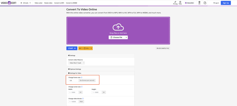 Converter para vídeo online Alterar FPS do vídeo