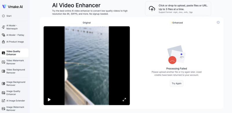O processamento do Vmake AI Video Quality Enhancer falhou