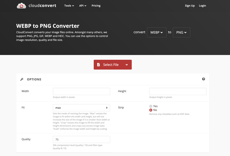 Conversor CloudConvert WebP para PNG