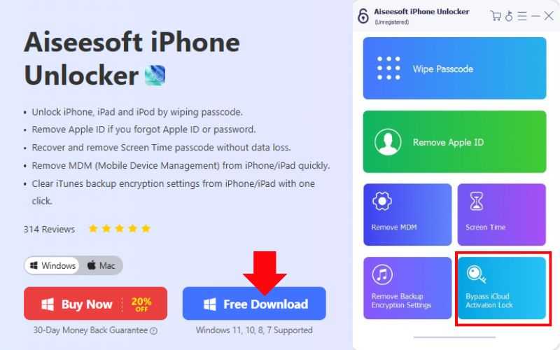 Selecione Ignorar bloqueio de ativação do iCloud
