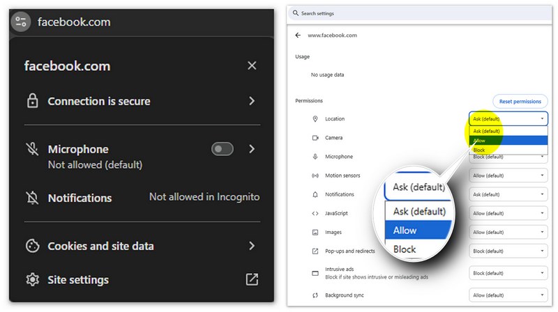Permitir acesso à localização do Facebook