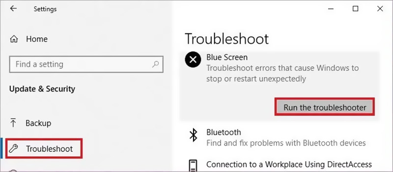 Execute o solucionador de problemas de tela azul no Windows