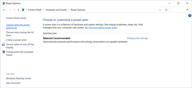 Opções de energia de hardware e som do Windows 10
