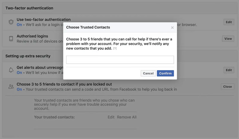 Adicionar ao Facebook: Escolher contatos confiáveis