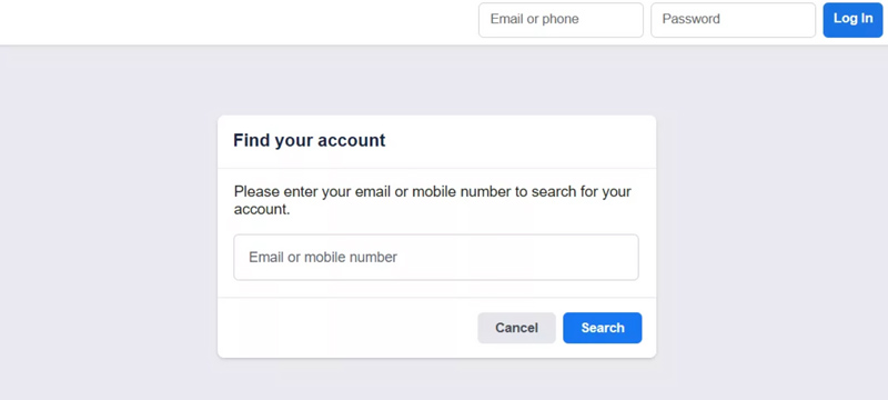 Redefinir senha do Facebook Encontre sua conta