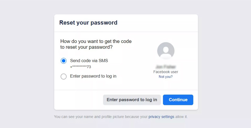 Redefinir senha do Facebook na web via SMS