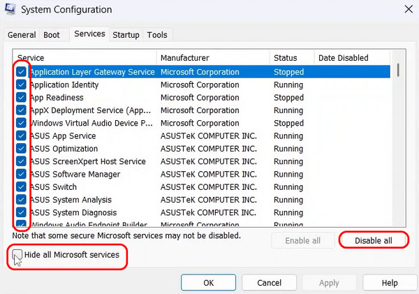 Ocultar todos os serviços da Microsoft