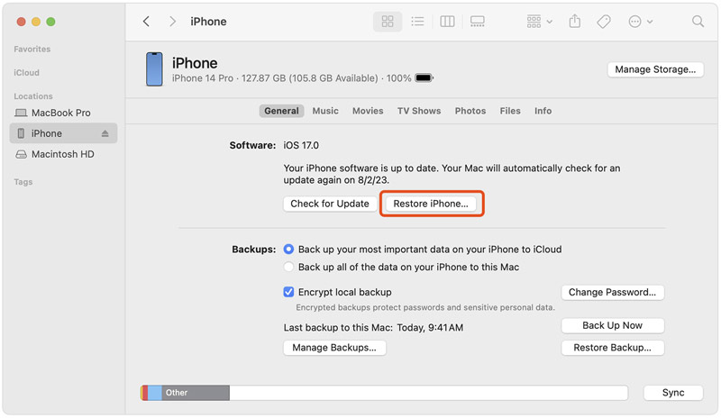 Restaurar iPhone usando o Finder no Mac