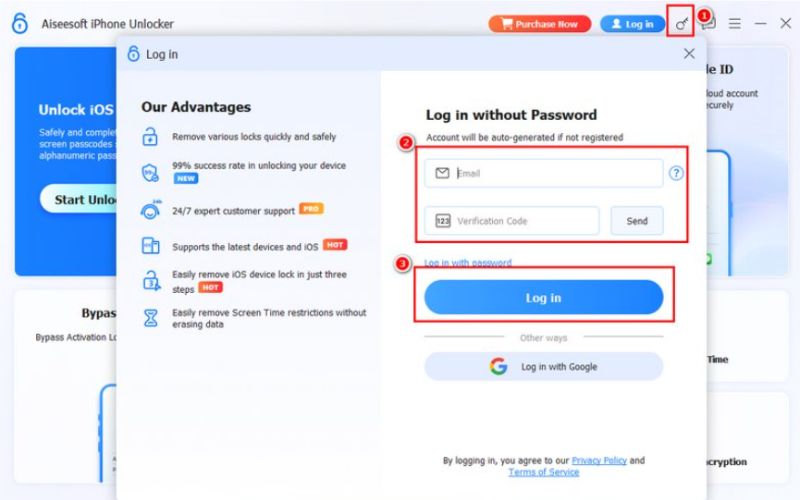 E-mail de login e código