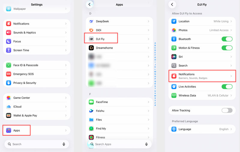 Permitir notificações de aplicativos em Configurações > Aplicativos