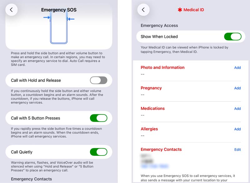 Configurações de SOS de emergência do iPhone