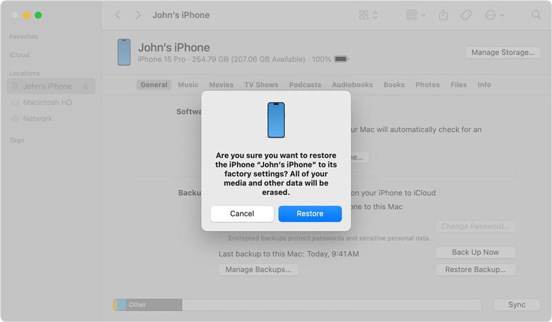 Redefinição de fábrica do iPhone no Mac via Finder