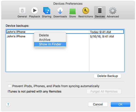 Local de backup do iTunes no Mac