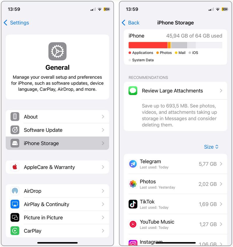 Verifique o espaço do iPhone