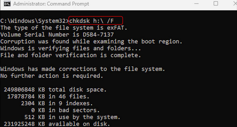 Digite Chkdsk