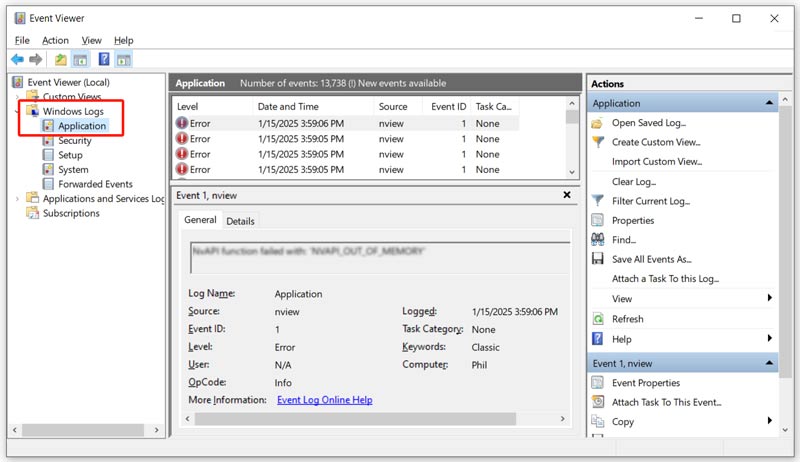 Aplicativo de verificação de logs do Windows do Visualizador de eventos