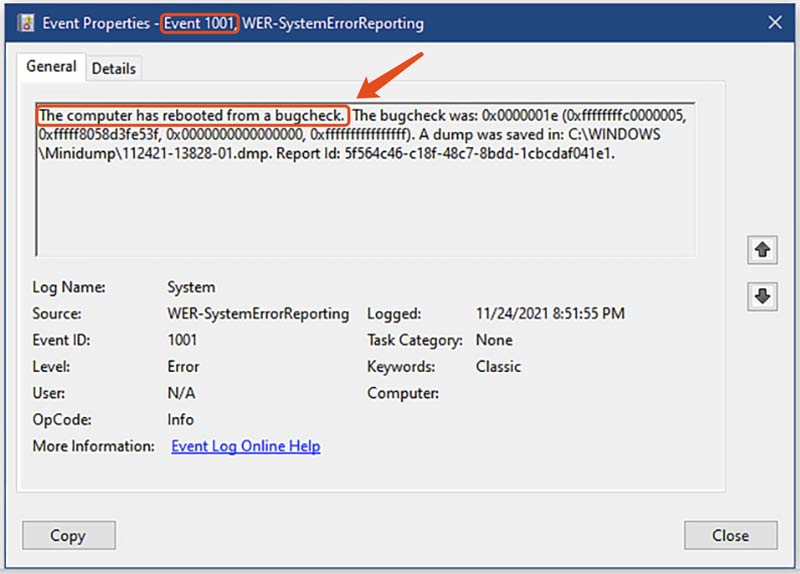O computador foi reiniciado a partir de um evento de verificação de bug 1001