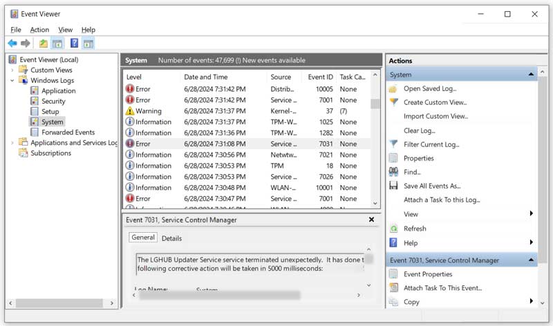 Erros do sistema do Visualizador de eventos do Windows