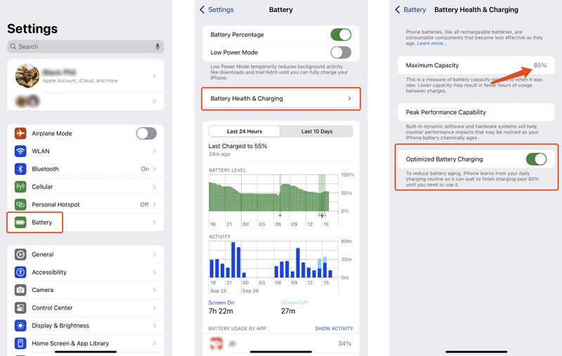 Verifique a saúde da bateria do iPhone Ajuste as configurações de carregamento