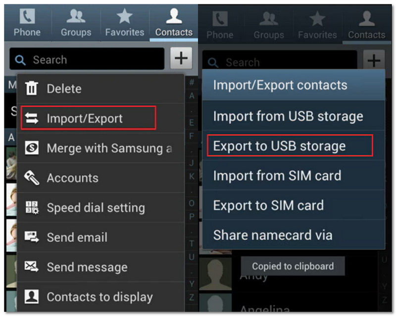 Exportar contatos usando cabo USB