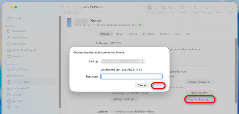 Restaurar backup com o Finder