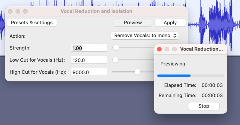 Pré-visualização de como remover vocais no Audacity