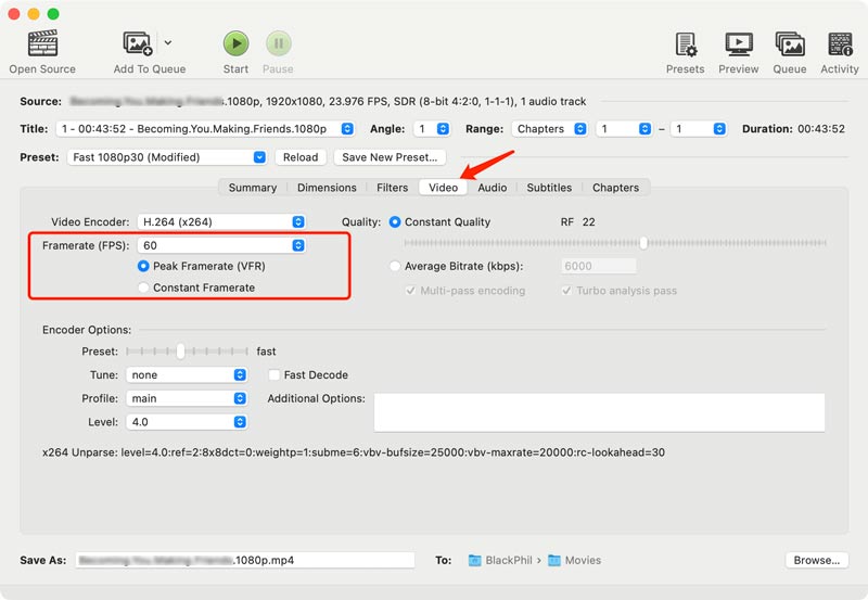 Alterar a taxa de quadros do vídeo no Handbrake