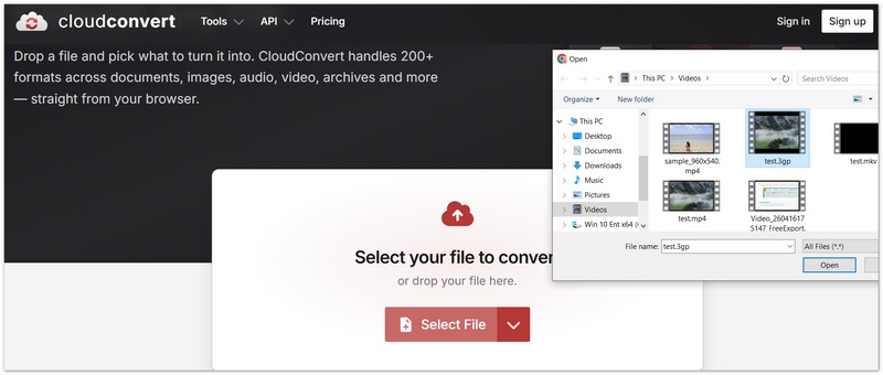 Selecione o arquivo 3GP no CloudConvert.