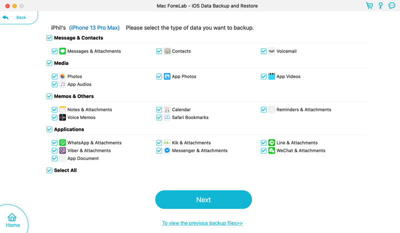 Selecione os tipos de dados para fazer backup