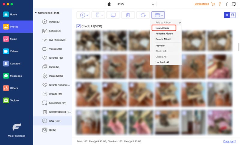 Exportar fotos do iPhone para um novo álbum