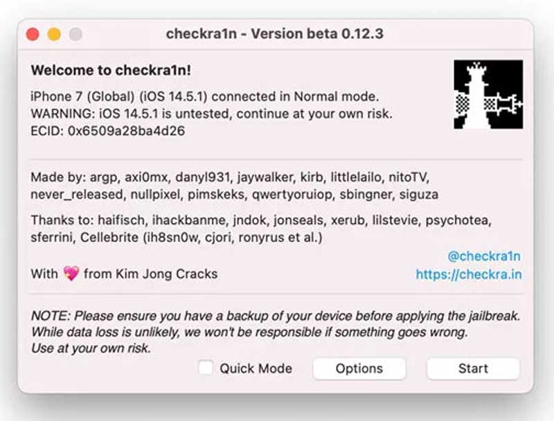 Escolha Iniciar para fazer o Jailbreak