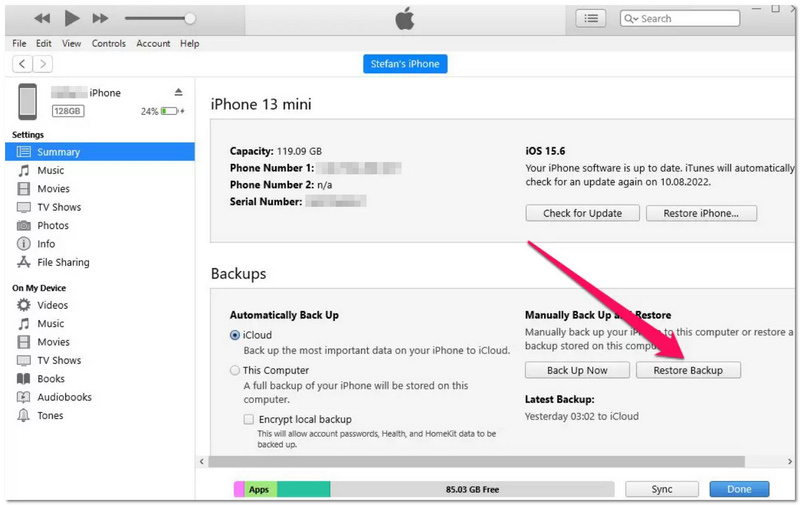 Clique em Restaurar backup do iTunes