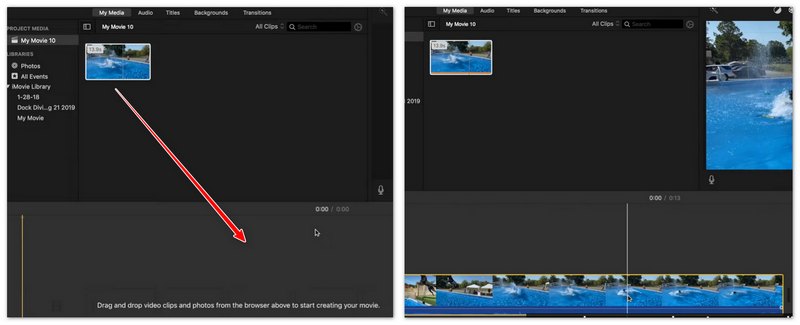 Use Command + B para dividir o vídeo no iMovie.