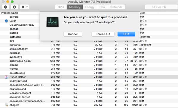 Encontre o iTunes Helper e saia do processo