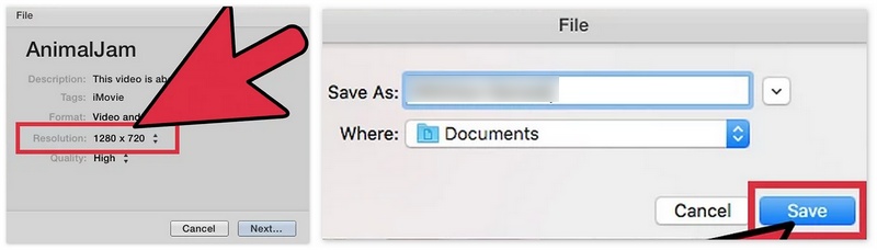 Selecione a resolução e salve no iMovie para Mac.